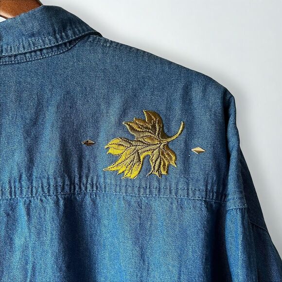 Vintage Embroidered Fall Leaf Blue Denim Button Down Long Sleeve Womens Size XXL - Picture 9 of 13